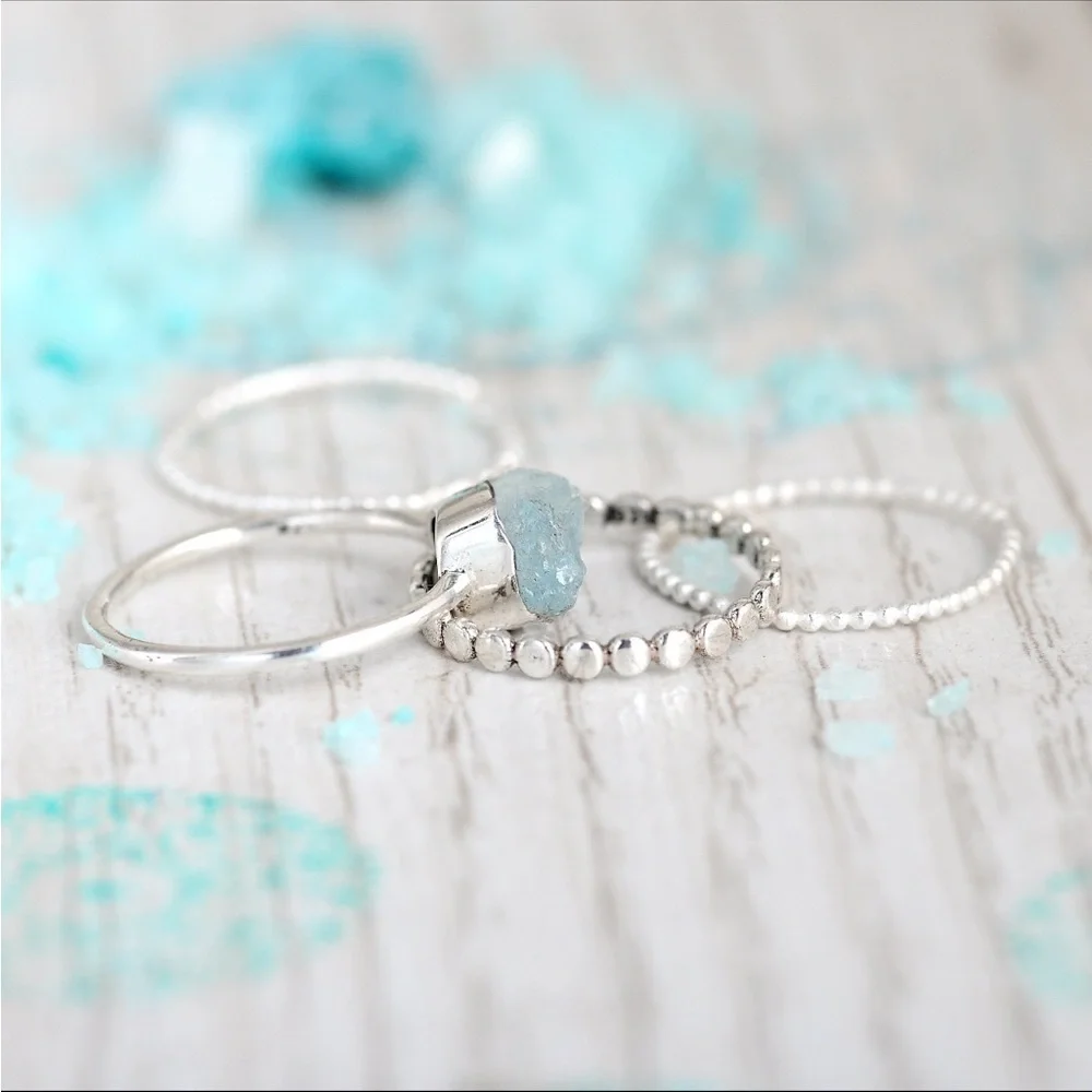 Sterling Silver Stackable Ring set raw Aquamarine size 6 gorgeous!!